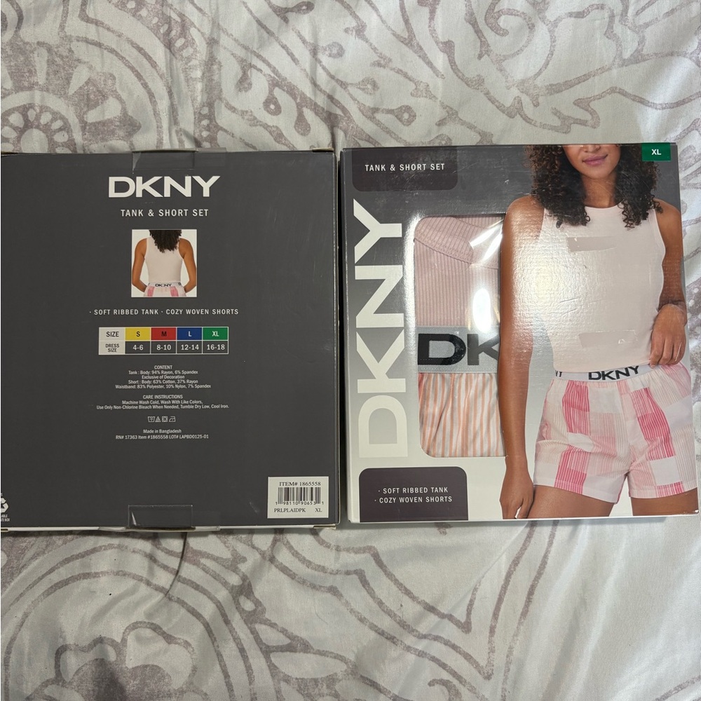 DKNY White Ribbed Tank with Pink & White Striped Shorts